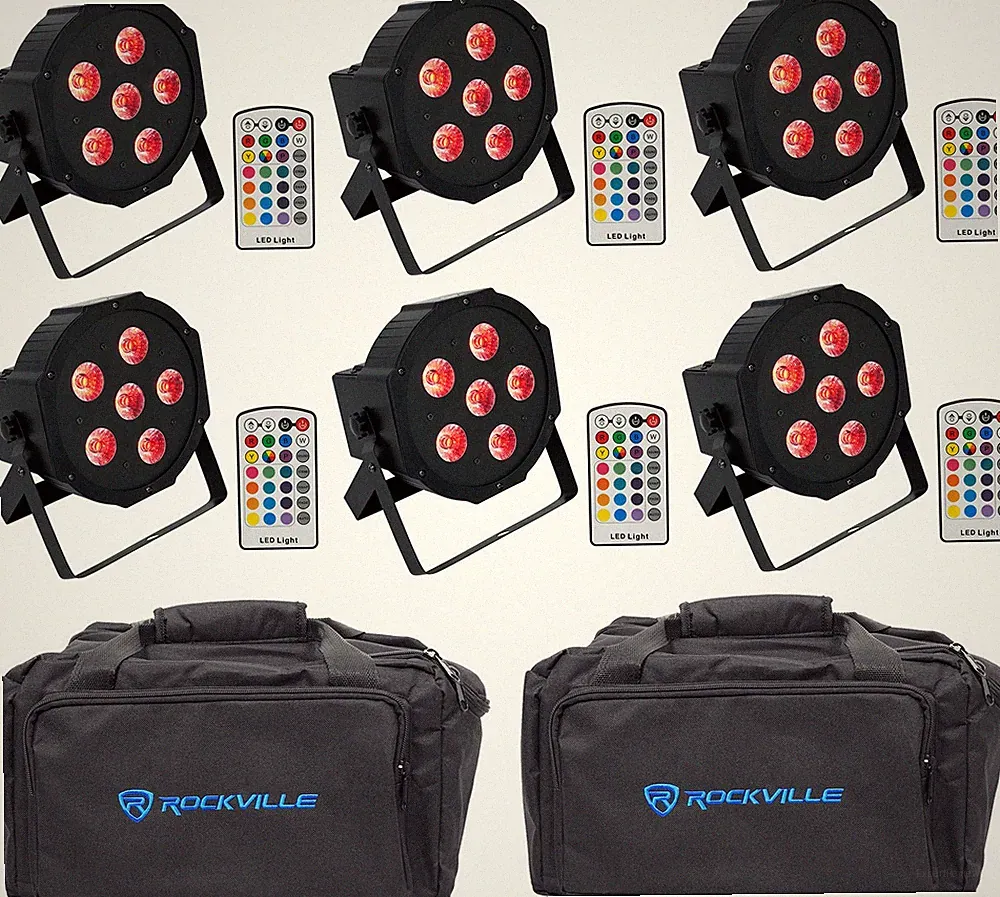 (6) Rockville BATTERY PAR 6RF Rechargeable Wireless DMX Lights+RF Remotes+Bags