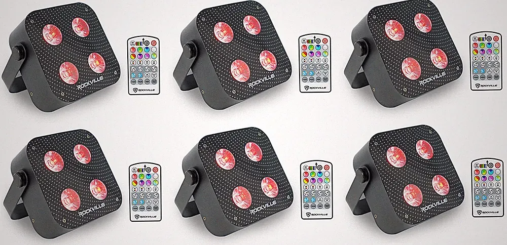 (6) Rockville MINI RF4 V2 Black DJ/Party Wash Lights+RF Remote+APP+Wireless DMX