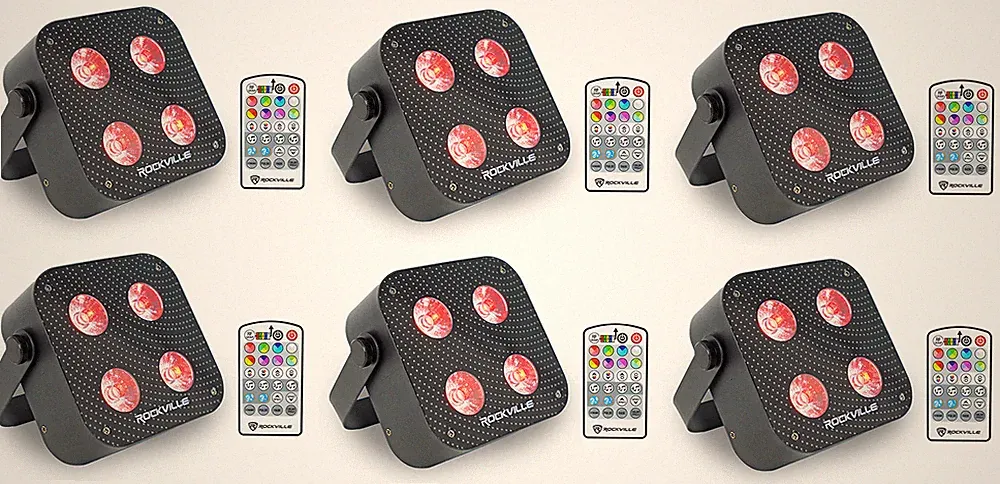 (6) Rockville MINI RF4 V2 Black DJ/Party Wash Lights+RF Remote+APP+Wireless DMX