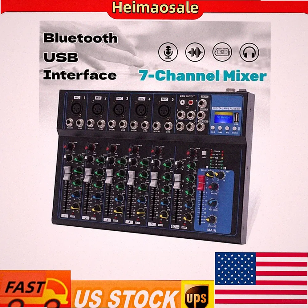7-Channel Bluetooth Portable Audio Mixer USB DJ Sound Mixing Console Board