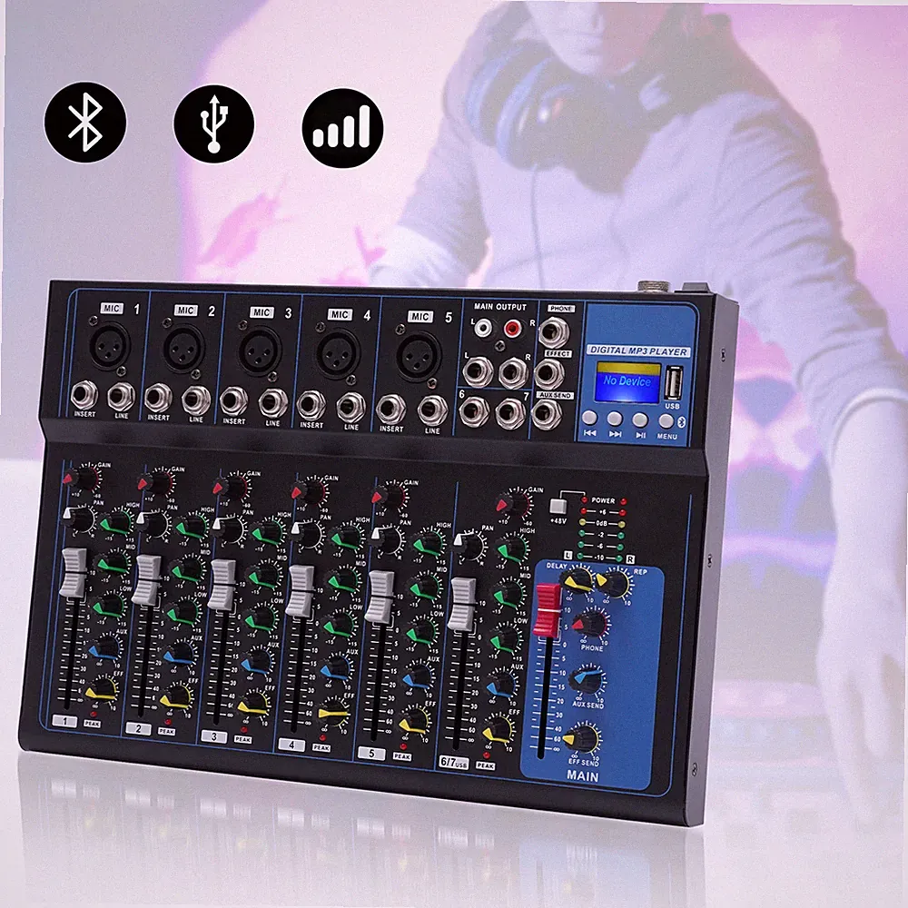 7-Channel Bluetooth Portable Audio Mixer USB Sound Mixing Console Board DJ Music