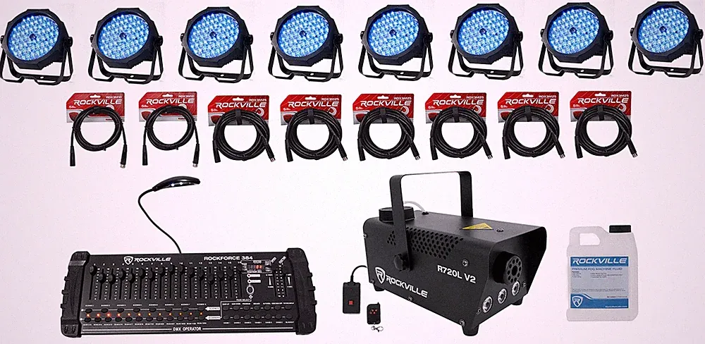 (8) Eliminator ADJ MEGA GO PAR 64E RGB+UV Par Wash Lights+DMX Controller+Fogger