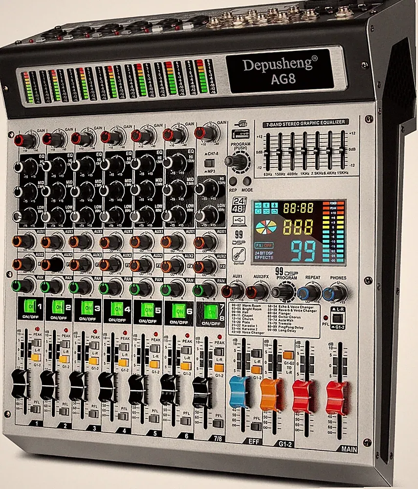 AG8 Professional Audio Mixer 8 Channel with MP3 Player Source USB Recording,With