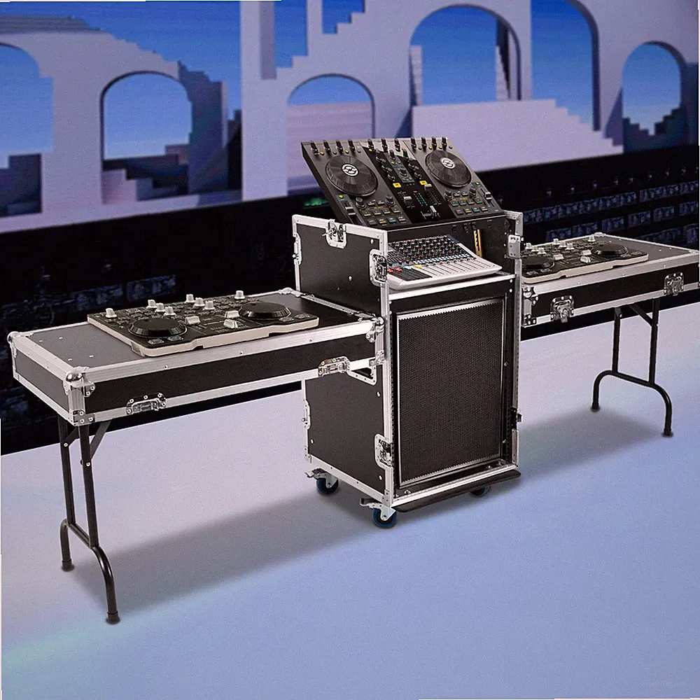 All-in-One Professional DJ & Equipment Flight Case Rack with Tilted Mixer Stand