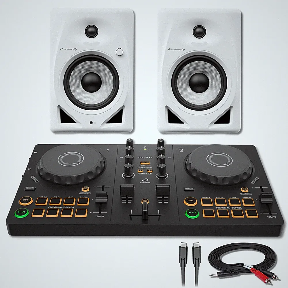 AlphaTheta DDJ-FLX2 2-Deck DJ Controller with Pioneer DM-50D-W and Accessories