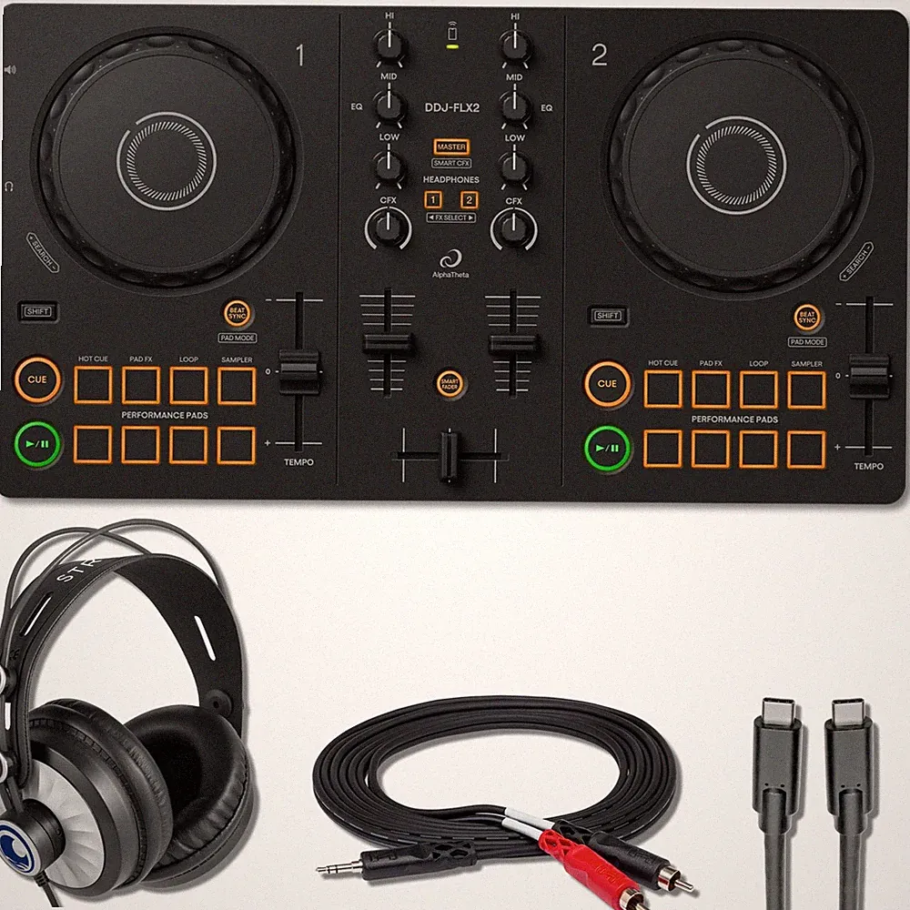AlphaTheta DDJ-FLX2 2-Deck DJ Controller with StreamEye Cans50 & Cable