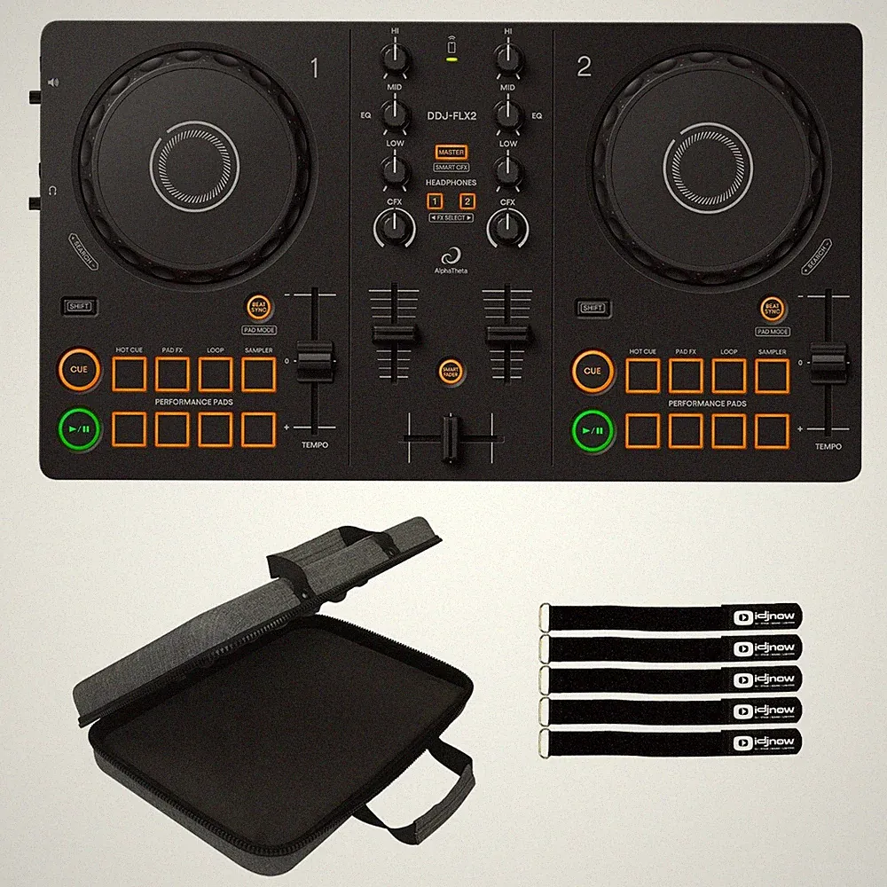 AlphaTheta DDJ-FLX2 Compact 2-Channel Beginner DJ Controller w Case Pack