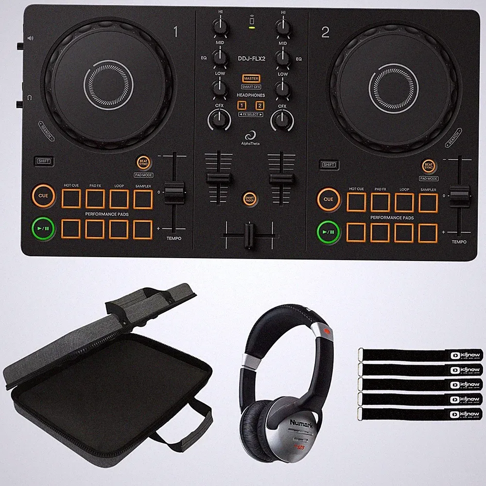 AlphaTheta DDJ-FLX2 Compact Beginner 2-Channel DJ Controller, Case & Headphones