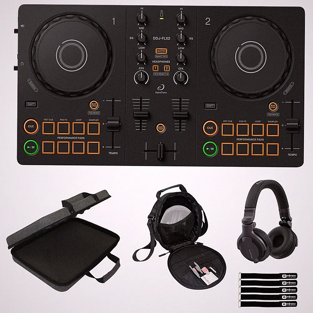 AlphaTheta DDJ-FLX2 Compact Beginner 2-Channel DJ Controller w HDJ CUE1