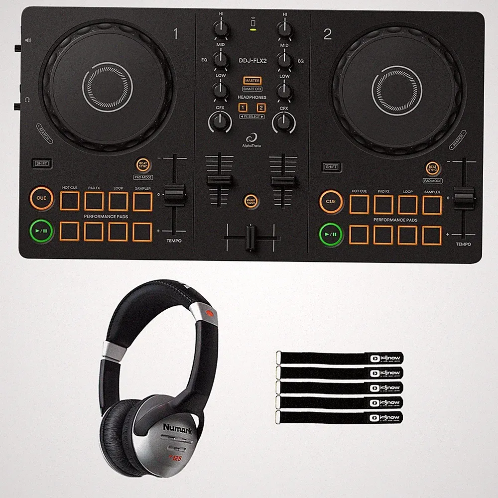 AlphaTheta DDJ-FLX2 Compact Beginner 2-Channel DJ Controller w Headphones