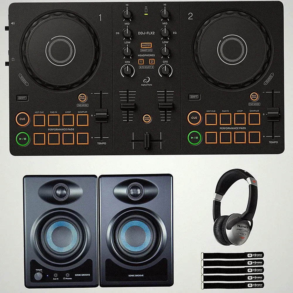 AlphaTheta DDJ-FLX2 Compact Beginner 2-Channel DJ Controller w Speakers Pack