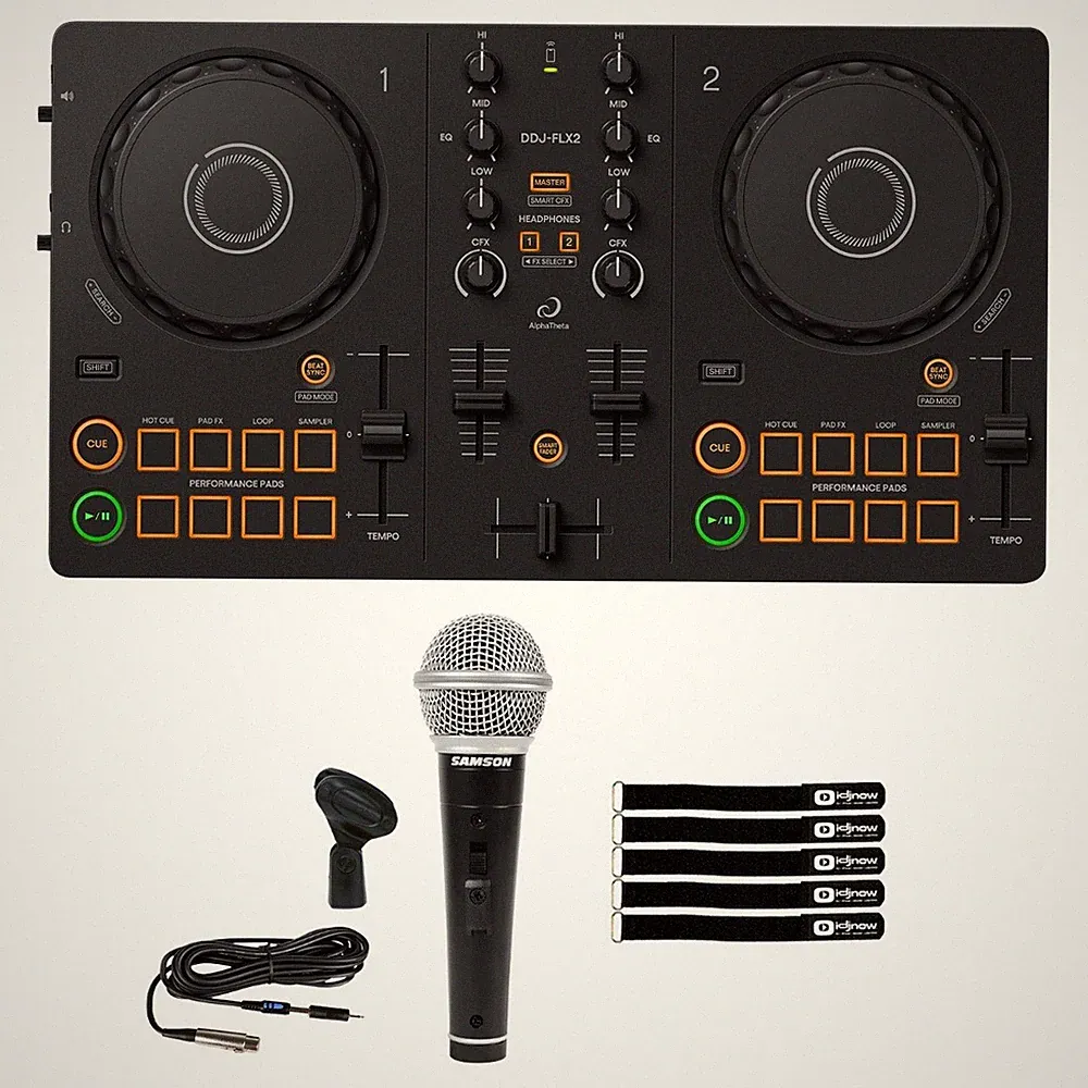 AlphaTheta DDJ-FLX2 Compact Beginner 2-Channel Serato DJ Controller w Mic