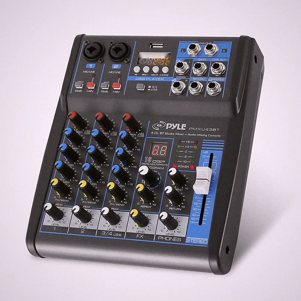 Audio Mixer 4 Channel Bluetooth USB DJ Sound Board 48V Phantom Pyle Controller