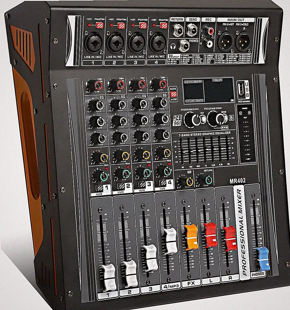 Audio Mixer 4 Channel, DJ Mixer with Power Amplifier, Audio Sound Card with 48V