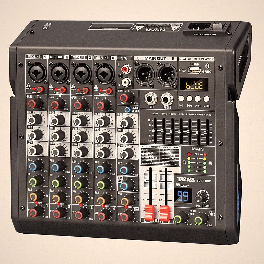 Audio Mixer, 6-Channel Professional DJ Mixer with 99-Bit DSP Effects, 7-Band EQ
