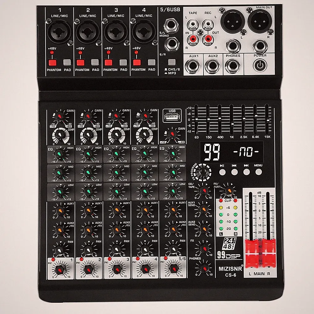 Audio Mixer 6 Channel Sound Mixer Console, Professional Music Mixing Board DJ Mi