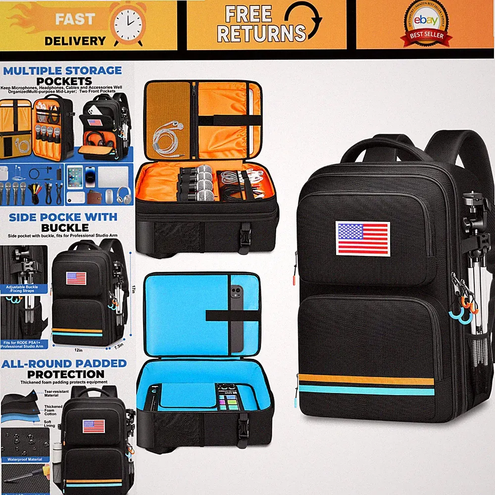 Audio Mixer Travel Case Backpack for DJ, Podcast Gear, Multi-Pocket Bag, Microph