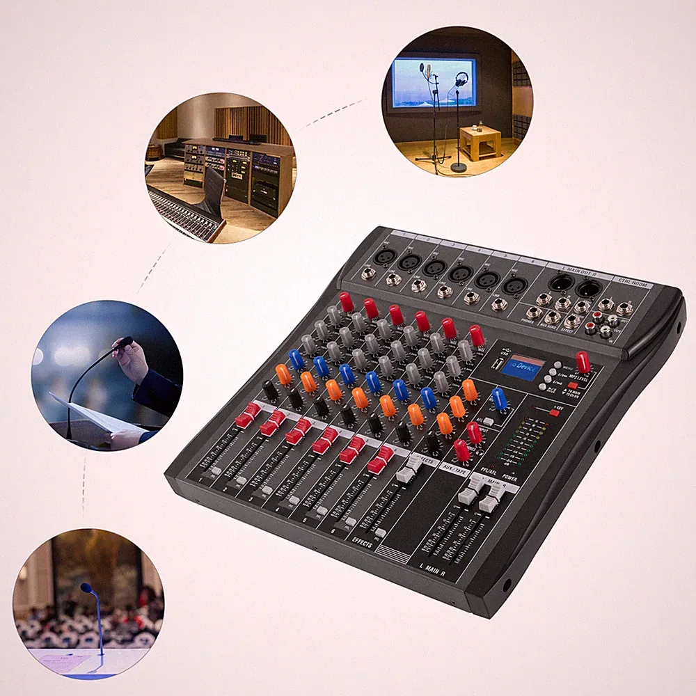 Audio Mixer USB Mixing Console Bluetooth for DJ Karaoke Live Podcast 6 Channel