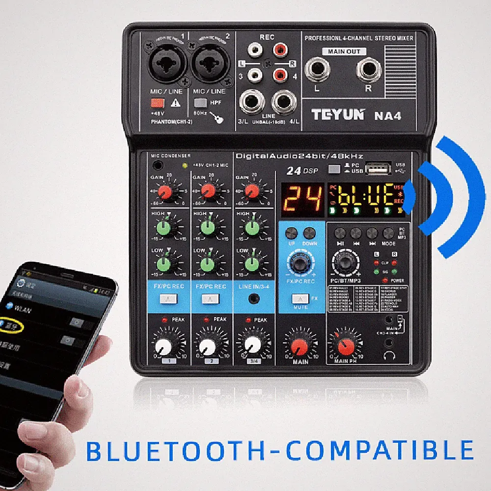 Bluetooth USB DJ Console +Sound Card Studio Mixer Mini Audio Mixer 2/4 Channel