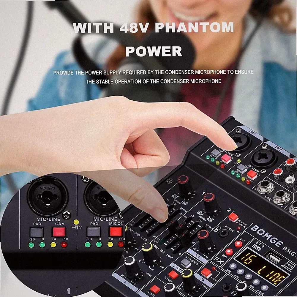 BOMGE 4.0M Audio Mixer, Sound Board Mixing Console with 4 Channel Digital USB Bl