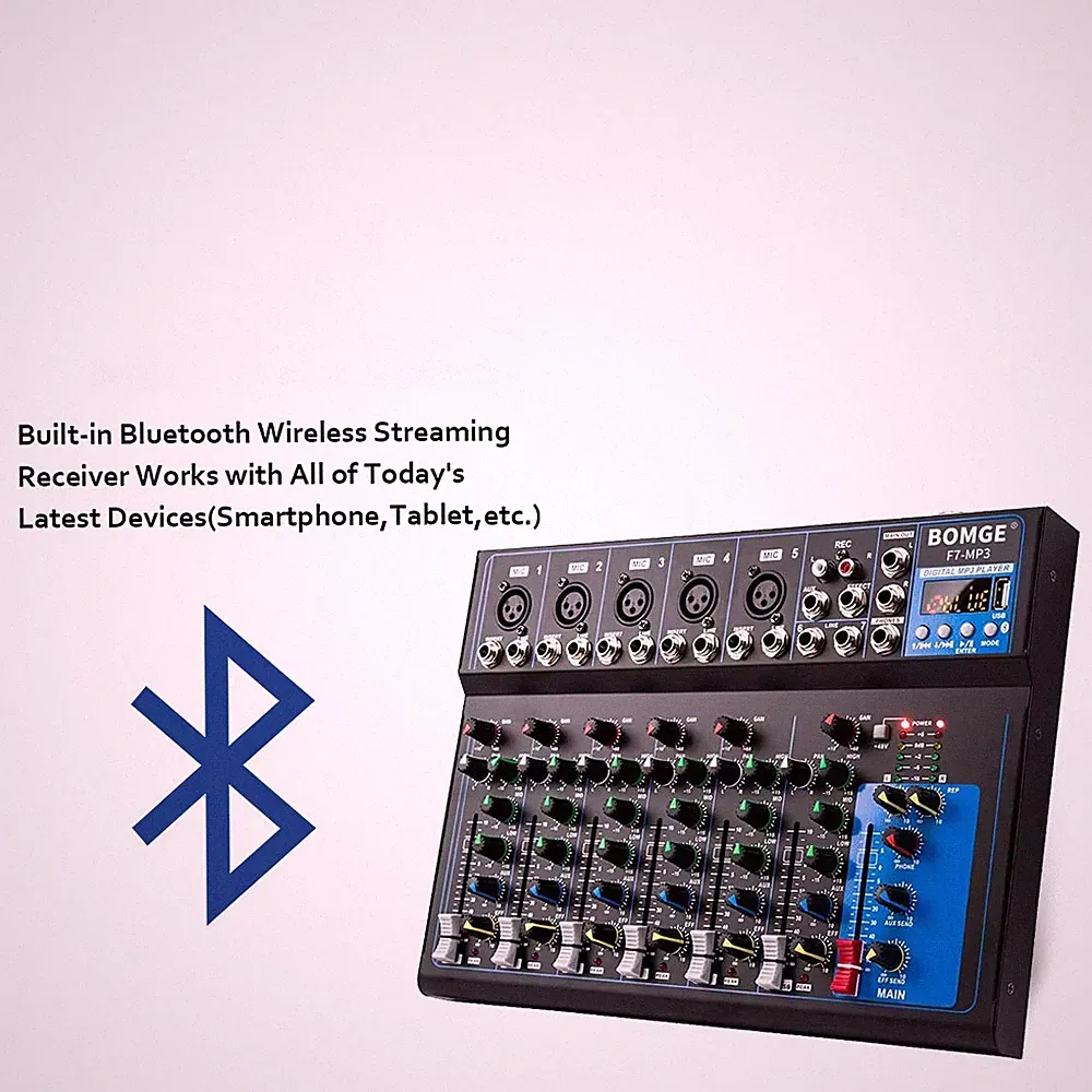 BOMGE F7 Bluetooth Audio Mixer USB DJ Sound Mixing Console MP3 Jack 48V Power