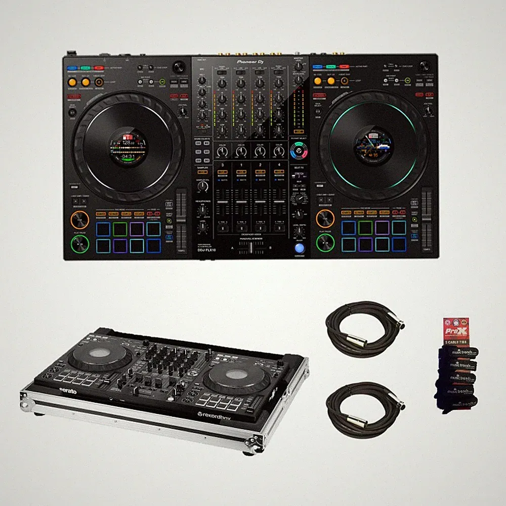 Bundle of Pioneer DJ DDJ-FLX10 4-channel DJ controller w/ Flight Case & XLRs