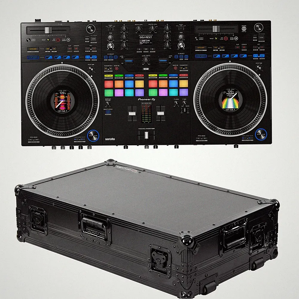 Bundle- Pioneer DJ DDJ-Rev7 W/Odyssey FZGSREV7WBL Black Label Glide Style Flight