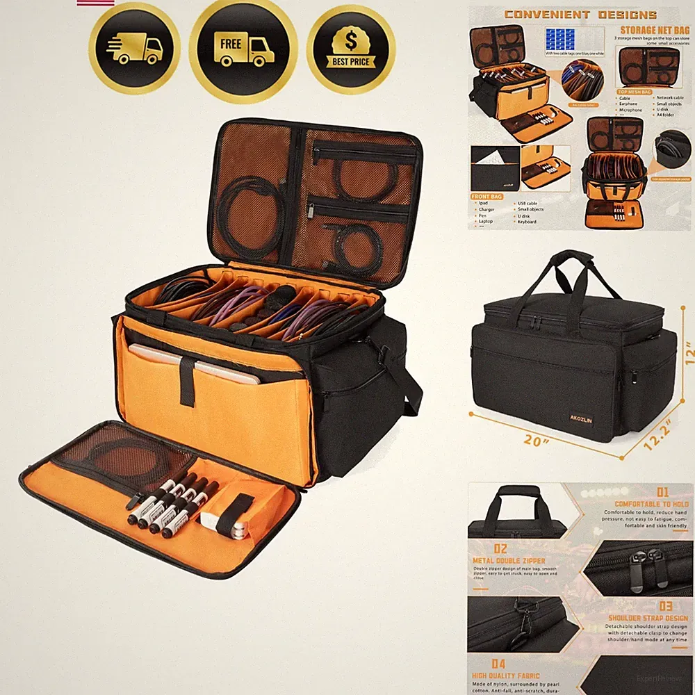 Cable Bag Organizer with Detachable Dividers for DJ Gear Sound Equipment