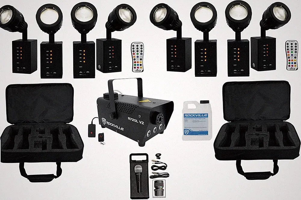 Chauvet DJ Ezpin Zoom Pack 8) Rechargeable Pin Spot Lights+Remote+Bag+Fogger+Mic