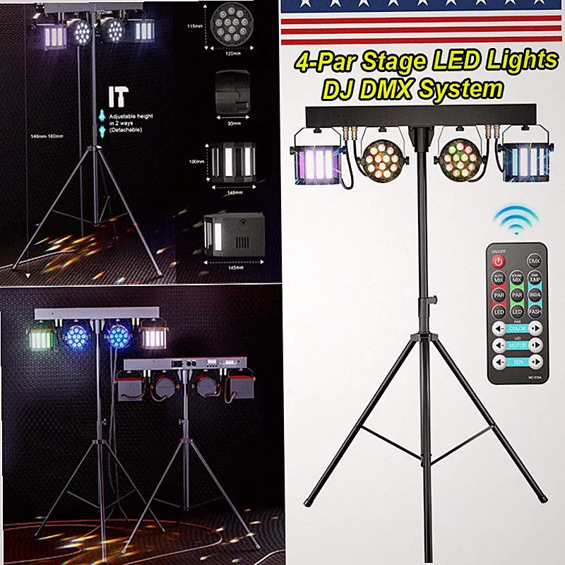 Complete Professional 4-Par Stage LEDs Lights DJ Band Party DMX System & Stand