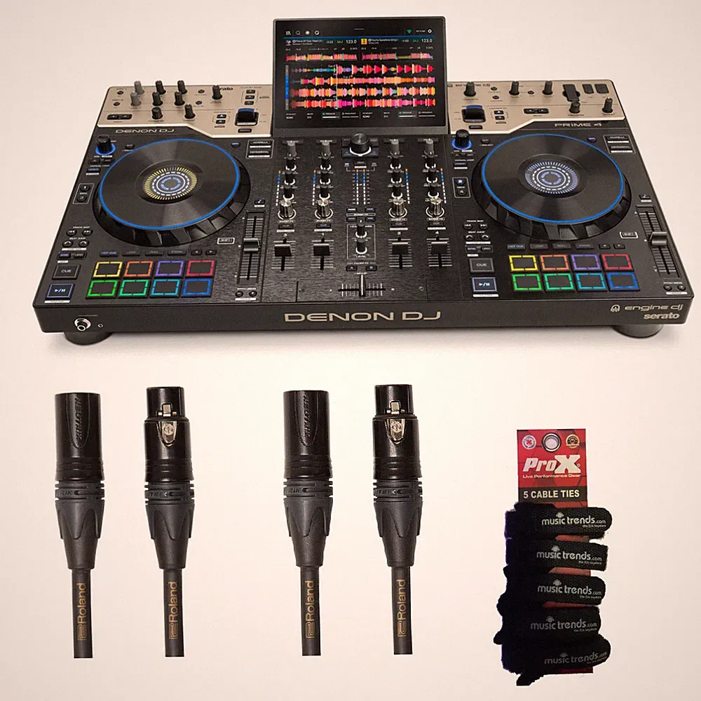 Denon DJ PRIME 4 G2 4-deck standalone DJ System + 2 Roland Gold 25' XLRs