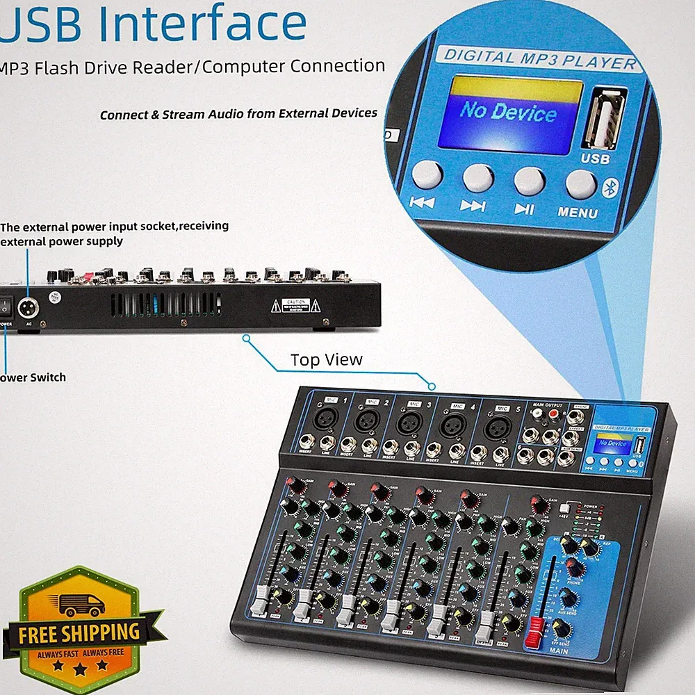 Depusheng HT7 Bluetooth Audio Mixer USB DJ Sound Console 48V 7-Channel
