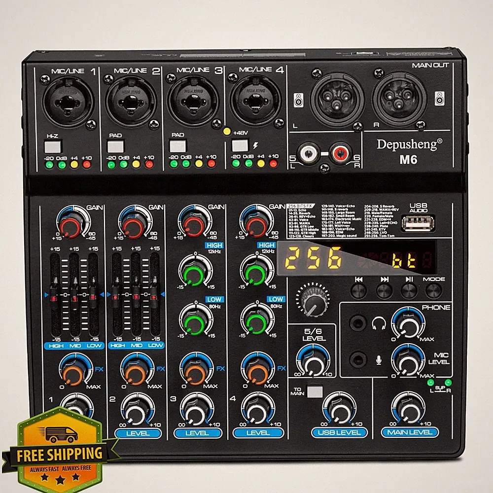 Depusheng M6 6 Channel DJ Mixer Bluetooth MP3 256 Effects 48V Phantom USB Liv...