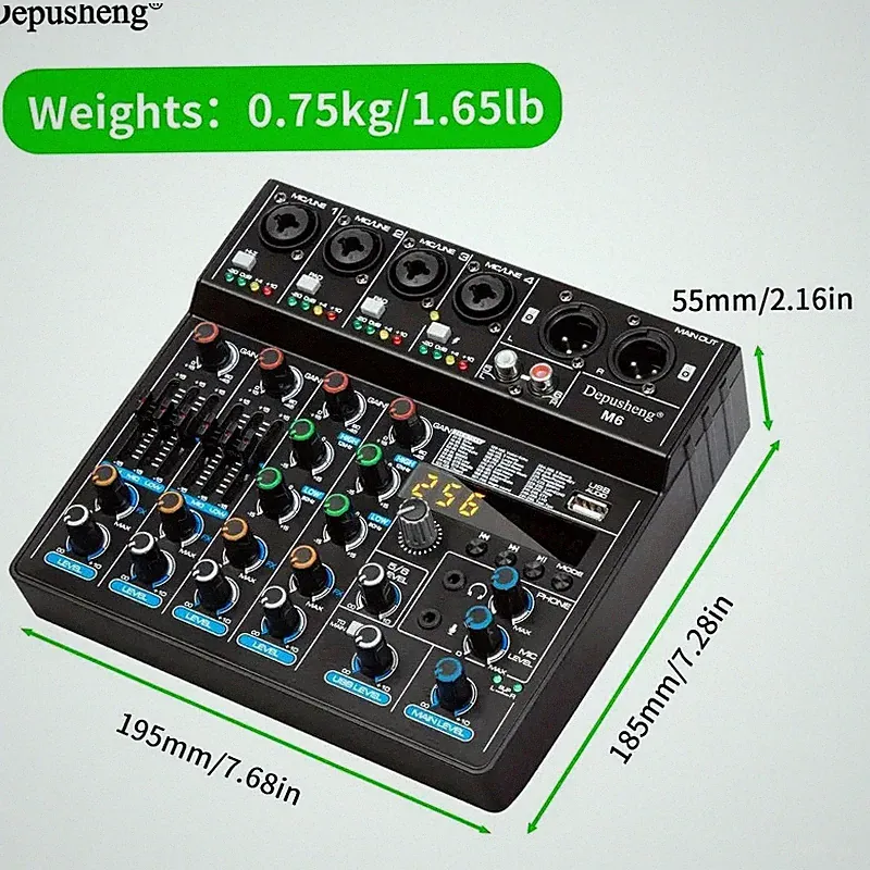 Depusheng M6 Portable Mini Mixer 6-Channel Audio Mixer DJ Console w... Fast Ship