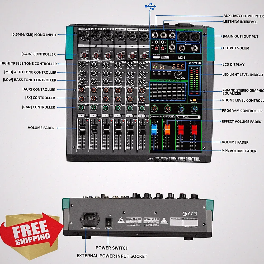 Depusheng MX6 6 Channel Sound Mixer USB Podcast Live
