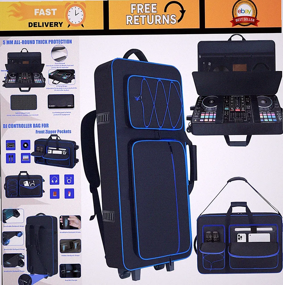 DJ Controller Case with Wheels, Soft Padded Backpack, Multi-Pocket for DJ Gear