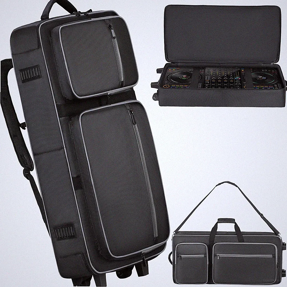 DJ Controller Soft Case with Wheels, MultiPocket Rolling Bag for Accessories