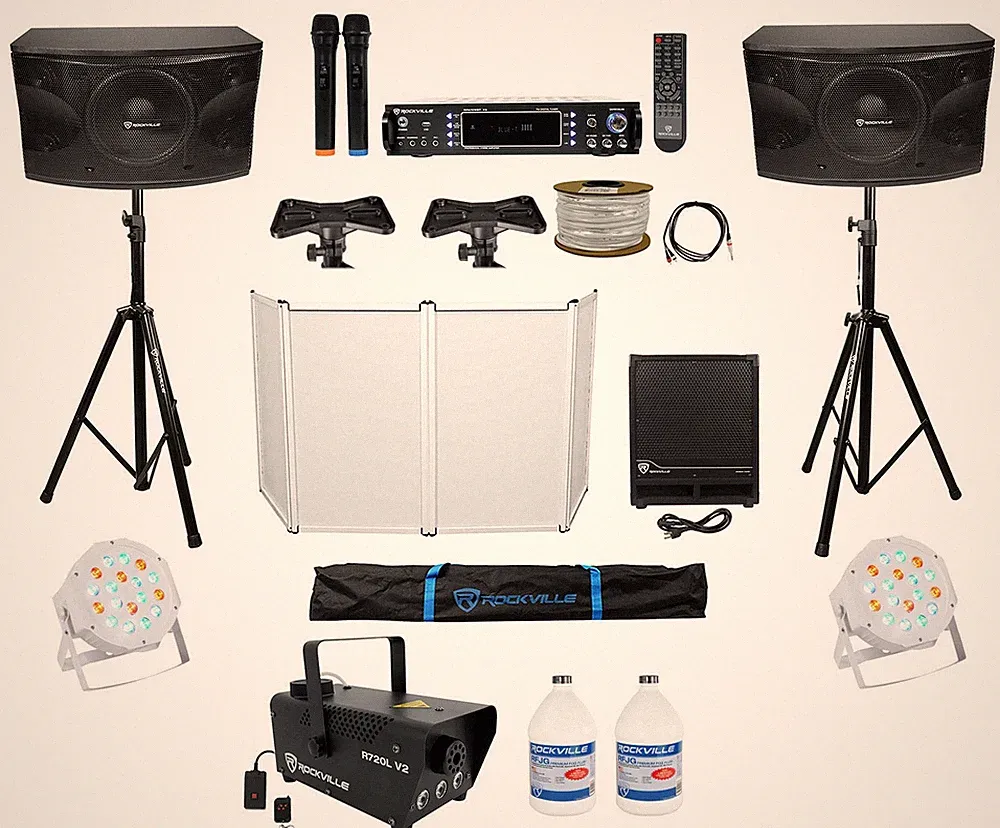 DJ Package w/ (2) 12" 1600w Speakers+Sub+Amp+Facade+Fogger+Lights+Stands+Cables