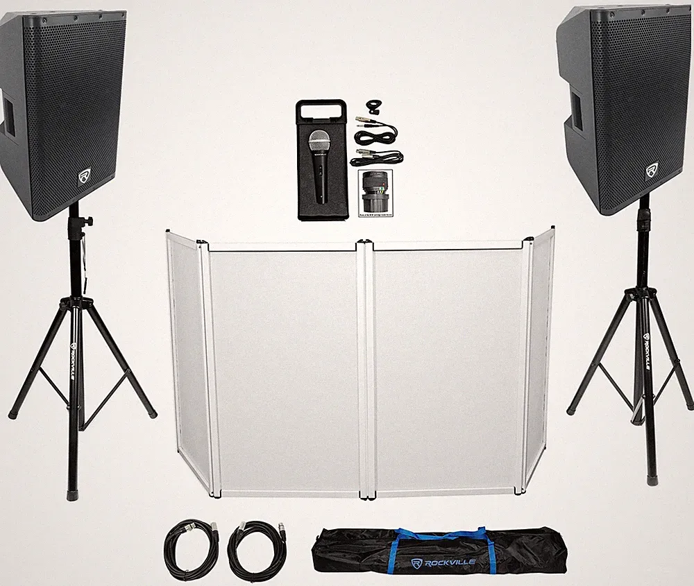 DJ Package w/(2) Rockville DX12 500w RMS Speakers+Facade+Mic+Stands+Cables+Bag