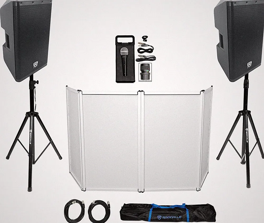 DJ Package w/(2) Rockville DX12 500w RMS Speakers+Facade+Mic+Stands+Cables+Bag