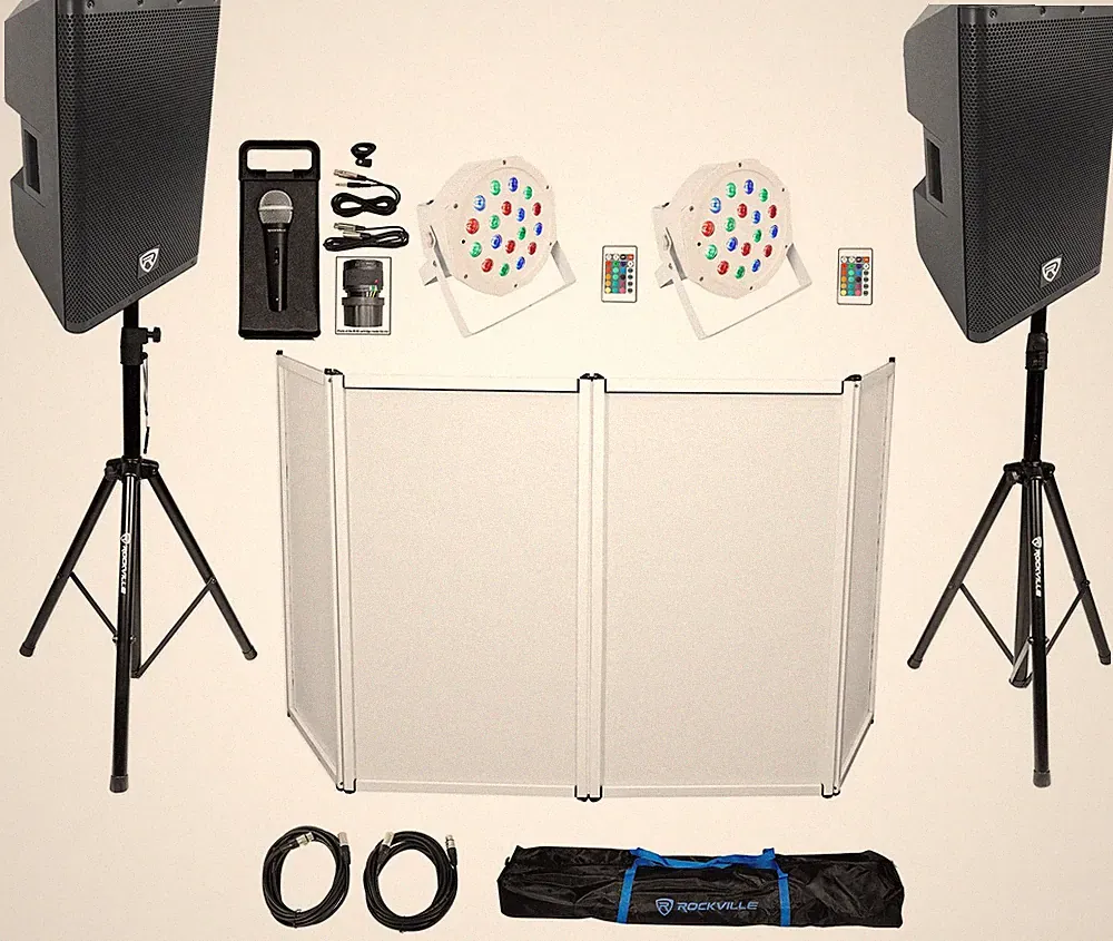 DJ Package w/2) Rockville DX12 500w Speakers+Facade+Lights+Mic+Stands+Cables+Bag