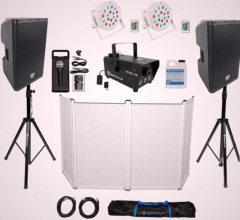 DJ Package w/(2) Rockville DX12 Speakers+Facade+Lights+Fogger+Mic+Stands+Cables