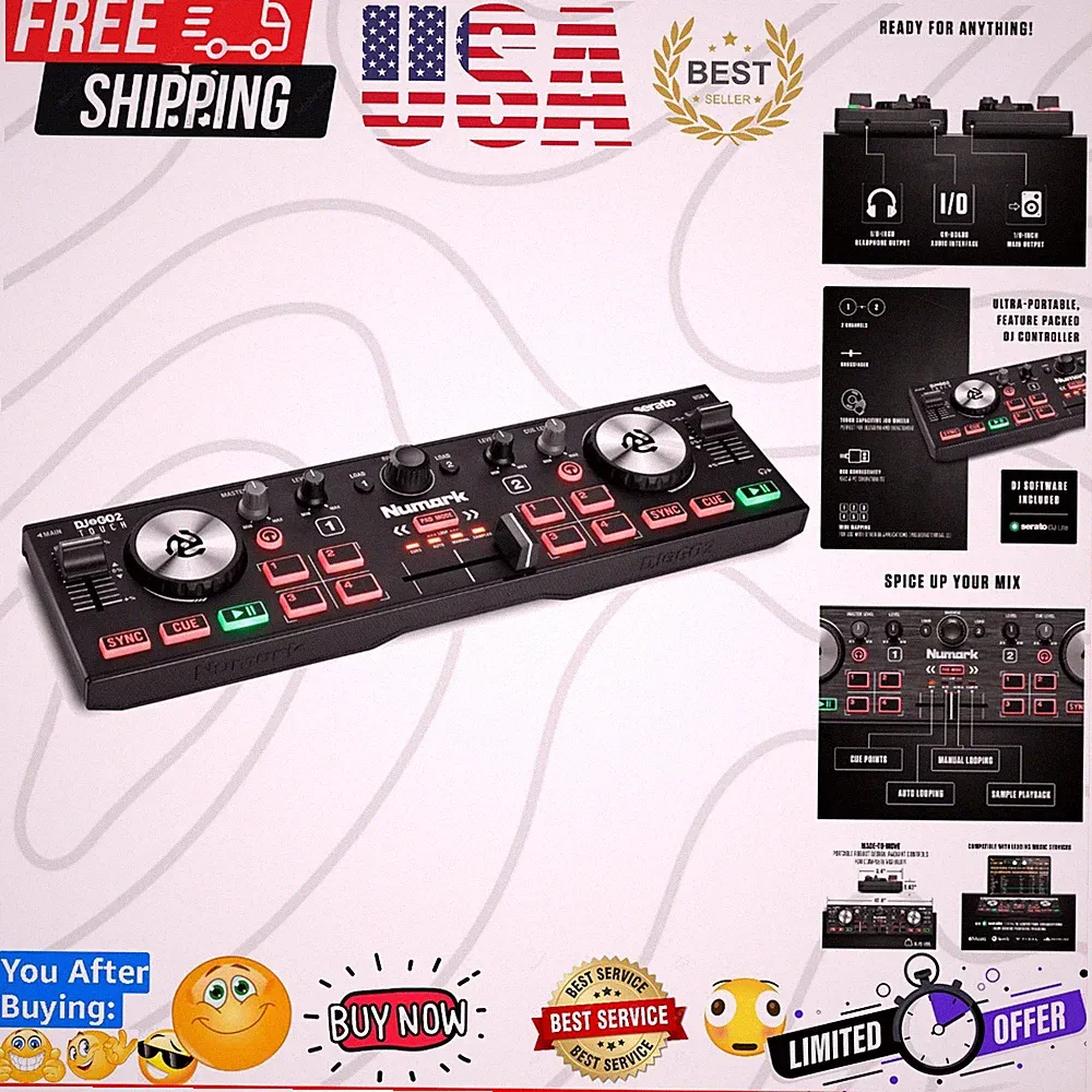 DJ2GO2 Touch Compact DJ Controller with 2 Decks, Mixer, Audio Interface and