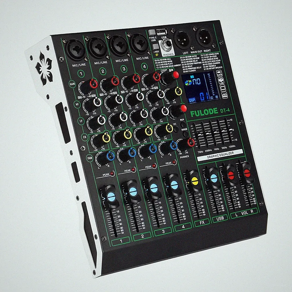 DT-4 Professional 4 Channe Audio Mixer，DJ Controller Sound Board Mixing with...