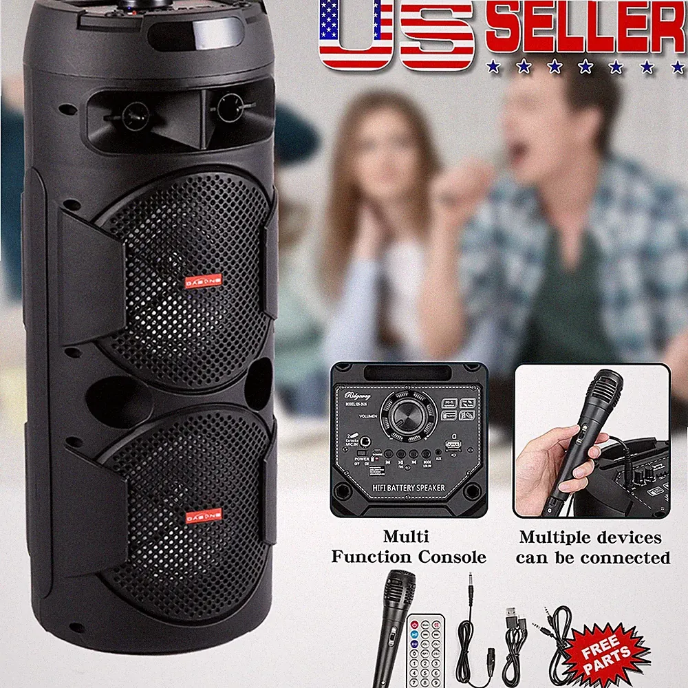Dual 8" BT Portable Party Bluetooth Speaker Woofer for Karaoke W/ LED DJ Light