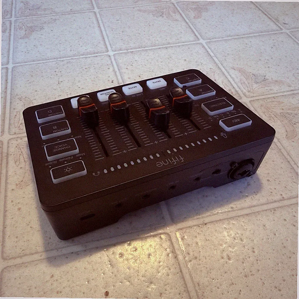 Fifine Compact Desktop Mixer with Custom Buttons, Voice Effects, Mic, Line In