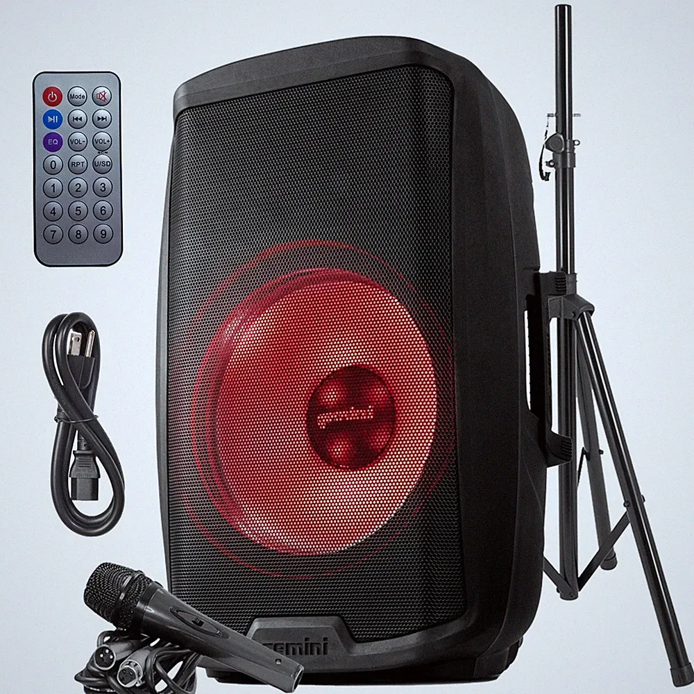 Gemini 100W Bluetooth PA Speaker w/Stand – 15” DJ Loudspeaker System