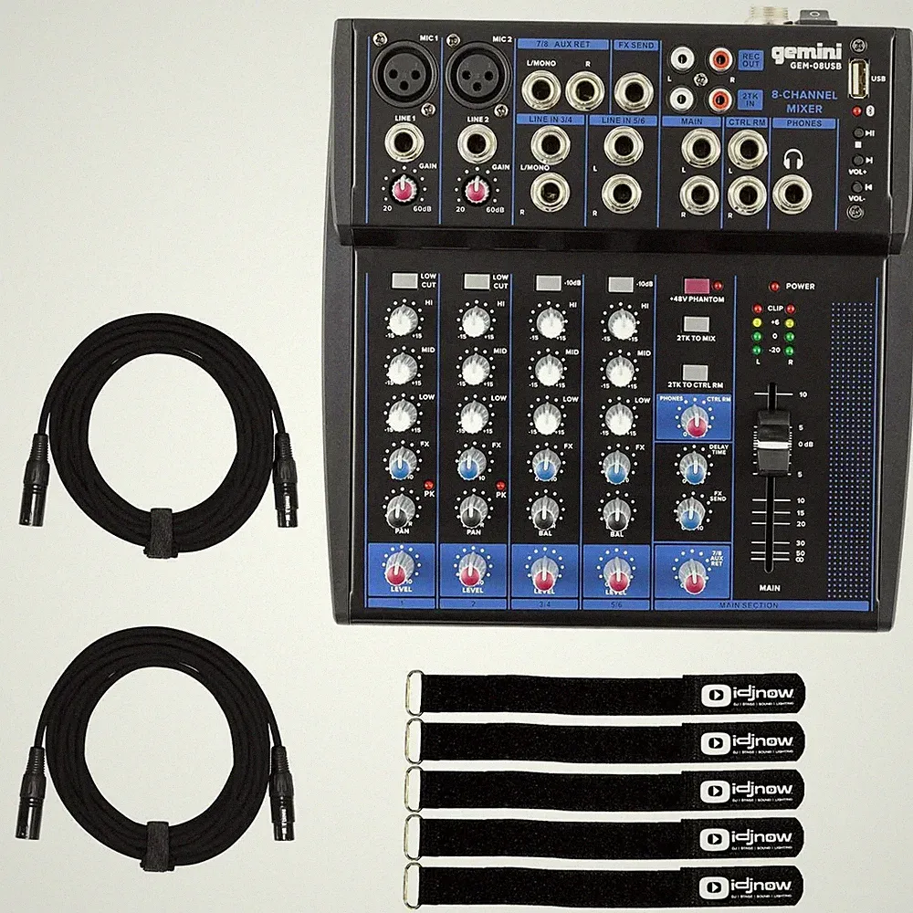 Gemini GEM-08USB 8 Channel USB Bluetooth DJ Recording Live Sound Mixer w Cables