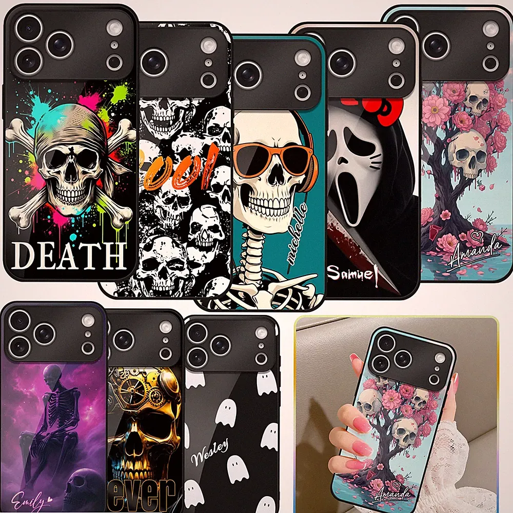 Glass PC Aesthetic Skull Phone Case For iPhone 17 Pro 14 16 15 Customized Cover