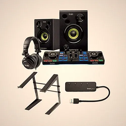 Hercules DJ Starter Kit with Laptop Stand and Knox Gear 4-Port USB 3.0 Hub